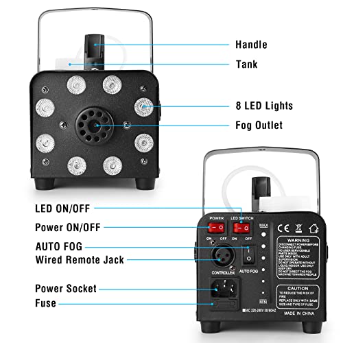 Fog Machine, HAKUTA Automatic Spray Smoke Machine with 8 LED Lights and 13 Colorful LED Lighting Effects,500W and 2000CFM Fog LED Fog Machine,Perfect for Wedding,Christmas,Halloween and DJ Performance