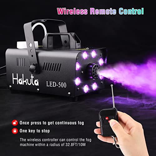Fog Machine, HAKUTA Automatic Spray Smoke Machine with 8 LED Lights and 13 Colorful LED Lighting Effects,500W and 2000CFM Fog LED Fog Machine,Perfect for Wedding,Christmas,Halloween and DJ Performance