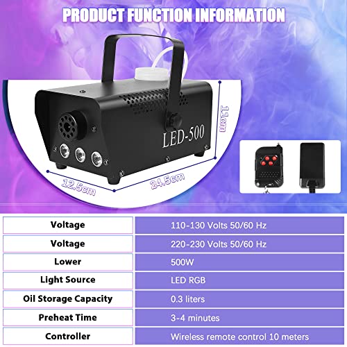Fog Machine 500W Smoke Machine3 RGB LED & Wireless Remote Control, DELIBANG 0.3L Capacity 60s Continuous Fog Party Smoke Machine 140m³/min Spray Distance 6mParty Halloween Stage Effect (TT57)