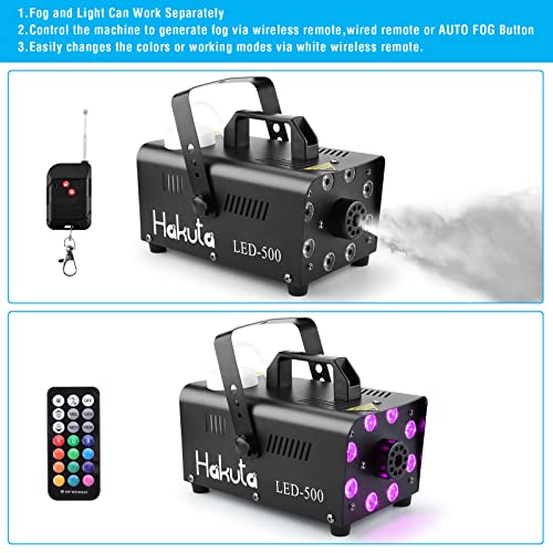 Fog Machine, HAKUTA Automatic Spray Smoke Machine with 8 LED Lights and 13 Colorful LED Lighting Effects,500W and 2000CFM Fog LED Fog Machine,Perfect for Wedding,Christmas,Halloween and DJ Performance