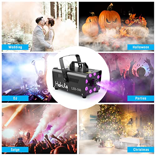 Fog Machine, HAKUTA Automatic Spray Smoke Machine with 8 LED Lights and 13 Colorful LED Lighting Effects,500W and 2000CFM Fog LED Fog Machine,Perfect for Wedding,Christmas,Halloween and DJ Performance