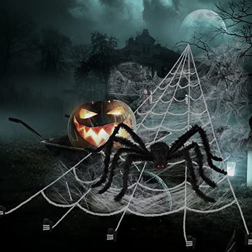 PUHPIG Halloween Spider Web Decorations,Giant Halloween Round Shape Triangle Spider Web and Realistic Scary Fake Large Hairy Spider Props Set for Outdoor Indoor Porch Party Decor