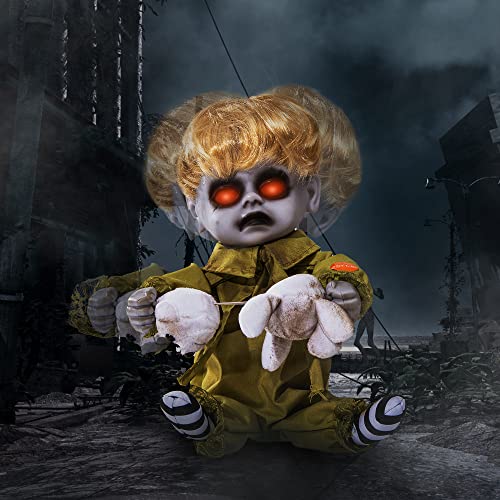 ELAMAS 10'' Animatronic Boy Doll Halloween Decorations - Sound Activated with Creepy Sound, Light Up Eyes, Scary Motion, Haunted House Holiday Decor Horror Prop, Indoor/Outdoor, Spooky Decoration