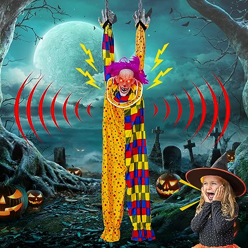 5.6 Ft Halloween Hanging Animated Scary Clown with Chain，Animatronic Indoor/Outdoor Halloween Decoration，Flashing Red Eyes,Sound & Touch Activated for Halloween Decor Prop