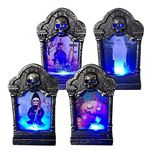 4Pcs Halloween LED Tombstones Halloween Headstone Light Skull Graveyard Lamp Decorations in 4 Styles for Halloween Yard Garden Lawn Decor