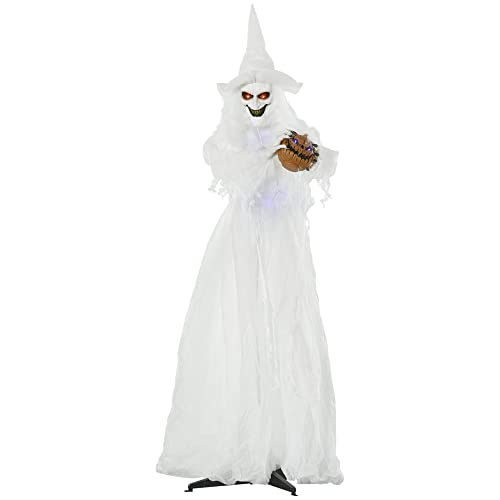 Outsunny 72 Inch Halloween Decorations White Witch Holding Pumpkin Head, Standing Skeleton Ghost Prop Life Size with Light Up Eyes and Body