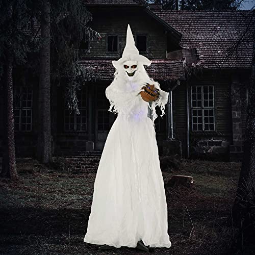 Outsunny 72 Inch Halloween Decorations White Witch Holding Pumpkin Head, Standing Skeleton Ghost Prop Life Size with Light Up Eyes and Body