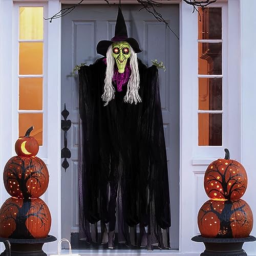 59” Halloween Hanging Animated Witch Decoration with Sound Activated, Glowing Eyes, Spooky Sounds and Motion - Perfect for Halloween Haunted House Prop Décor, Indoor/Outdoor Display, Lawn, Party