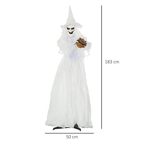 Outsunny 72 Inch Halloween Decorations White Witch Holding Pumpkin Head, Standing Skeleton Ghost Prop Life Size with Light Up Eyes and Body