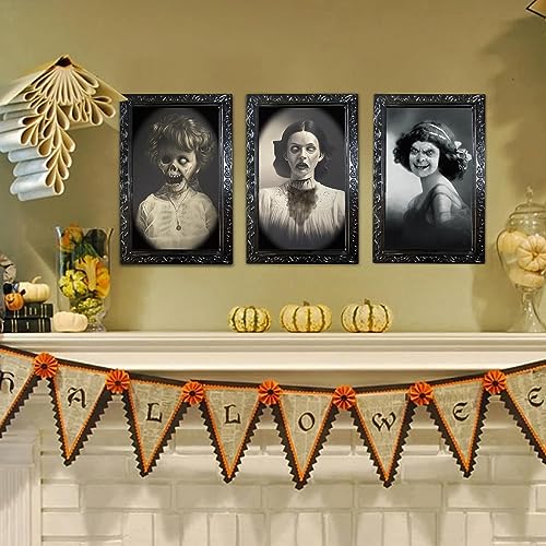 Halloween Decorations 3D Changing Face Moving Picture Frames-3 PCS Face Expression Moving Portrait Halloween Photo Props for Halloween Horror Party Decorations-38 X 25 cm