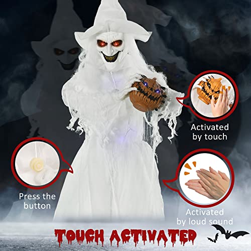 Outsunny 72 Inch Halloween Decorations White Witch Holding Pumpkin Head, Standing Skeleton Ghost Prop Life Size with Light Up Eyes and Body