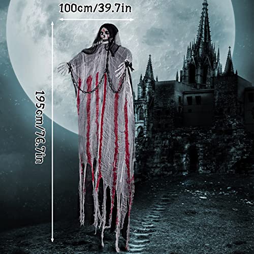FORMIZON Halloween Hanging Ghost Decorations, 195cm Hanging Skeleton Ghost, Hanging Ghost Grim Reaper with LED Flashing Eyes, Scary Haunted House Props Décor for Halloween Party