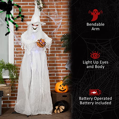 Outsunny 72 Inch Halloween Decorations White Witch Holding Pumpkin Head, Standing Skeleton Ghost Prop Life Size with Light Up Eyes and Body