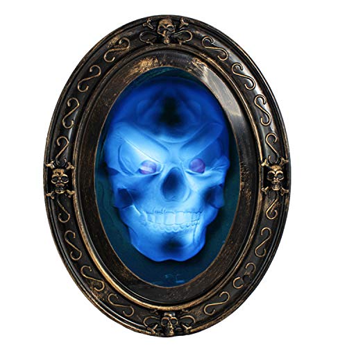 TRIXES Black and Gold Oval Haunted Speaking Halloween Mirror with Spooky Picture - Motion and Sound Activated Haunted House Props Decoration