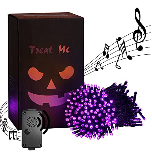 Eambrite Halloween Lights 20m 200 LED Purple Fairy Lights Plug in with Horror Halloween Music Sync Waterproof Outdoor String Lights Decorations for Garden Home Haunted House Décor- Black Cable