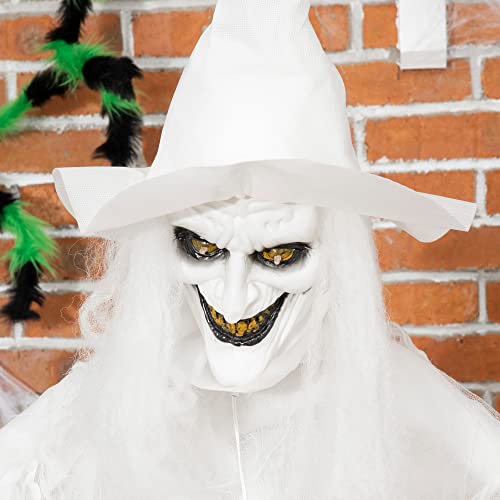 Outsunny 72 Inch Halloween Decorations White Witch Holding Pumpkin Head, Standing Skeleton Ghost Prop Life Size with Light Up Eyes and Body
