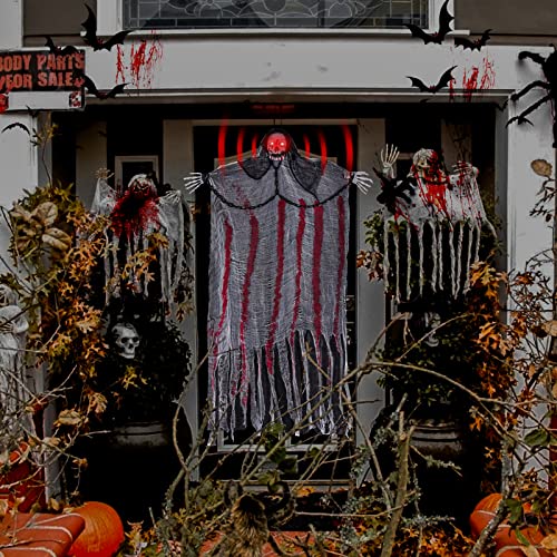 FORMIZON Halloween Hanging Ghost Decorations, 195cm Hanging Skeleton Ghost, Hanging Ghost Grim Reaper with LED Flashing Eyes, Scary Haunted House Props Décor for Halloween Party