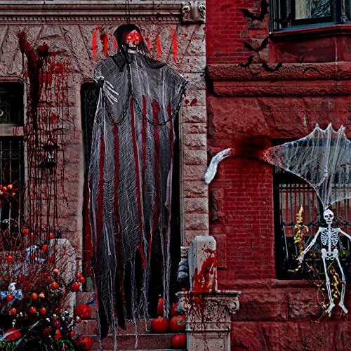 FORMIZON Halloween Hanging Ghost Decorations, 195cm Hanging Skeleton Ghost, Hanging Ghost Grim Reaper with LED Flashing Eyes, Scary Haunted House Props Décor for Halloween Party