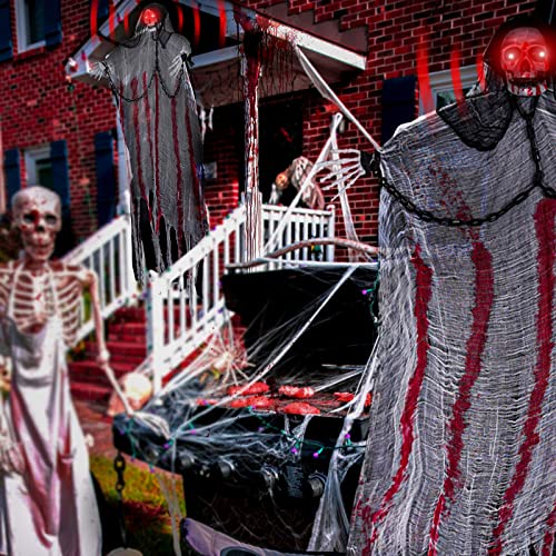 FORMIZON Halloween Hanging Ghost Decorations, 195cm Hanging Skeleton Ghost, Hanging Ghost Grim Reaper with LED Flashing Eyes, Scary Haunted House Props Décor for Halloween Party