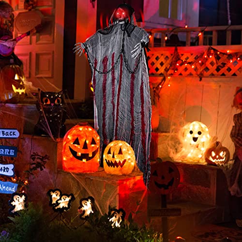 FORMIZON Halloween Hanging Ghost Decorations, 195cm Hanging Skeleton Ghost, Hanging Ghost Grim Reaper with LED Flashing Eyes, Scary Haunted House Props Décor for Halloween Party