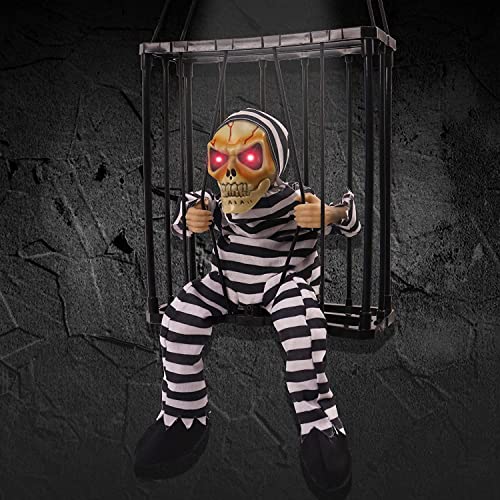 Scary Animated Halloween Hanging Decorations - Screaming Halloween Motion Sensor Skull Cage Prisoner with Light Up Eyes for Halloween Party Decorations Indoor Outdoor, Haunted House Decorations