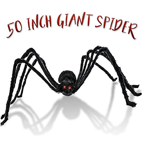 THE TWIDDLERS - Giant Black Spider, 50 inch/127cm - Huge Hairy Realistic Shakes & Squeaks, Spooky Garden Halloween Decoration for Indoor & Outdoor Decor