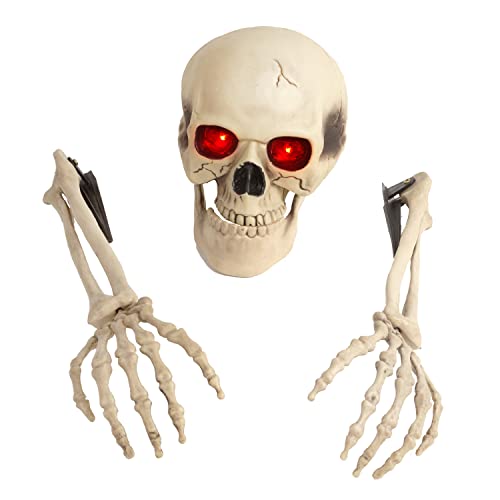 FINGOOO Halloween Skull and Arms Set with Lightning Eyes, Scary Halloween Skeleton Outdoor Decoration Party Décor