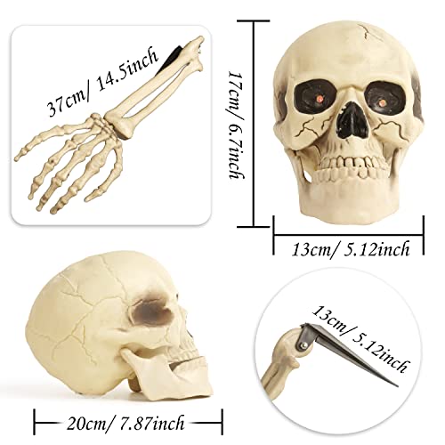 FINGOOO Halloween Skull and Arms Set with Lightning Eyes, Scary Halloween Skeleton Outdoor Decoration Party Décor