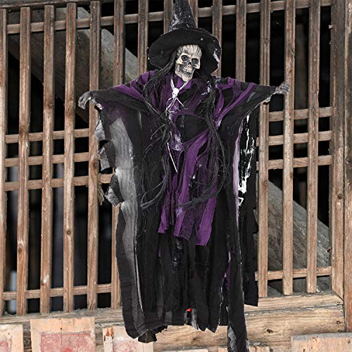 Horrible Voice-Activated Halloween Hanging Ghost with Creepy Sound, Scary Haunted House Grim Reaper Animated Bar Skull Skeleton Props Hanging Decor for Wall Door Ceiling Yard