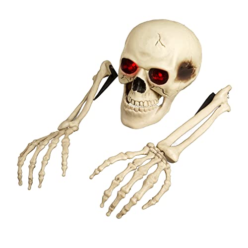 FINGOOO Halloween Skull and Arms Set with Lightning Eyes, Scary Halloween Skeleton Outdoor Decoration Party Décor