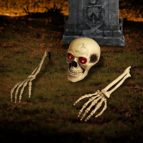 FINGOOO Halloween Skull and Arms Set with Lightning Eyes, Scary Halloween Skeleton Outdoor Decoration Party Décor
