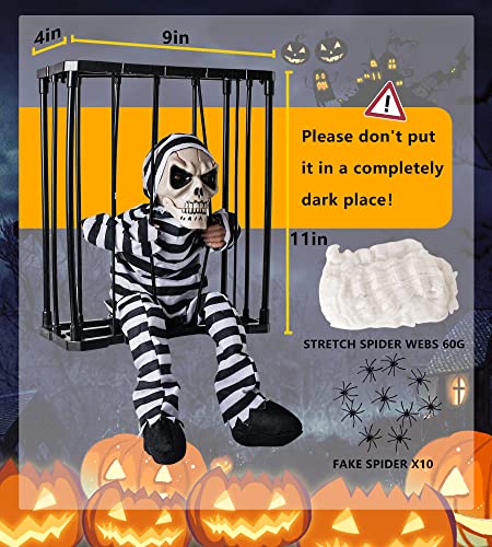Skeleton Animated Halloween Decorations, Screaming Halloween Decor with Motion Activated & Light Sensor, Spooky Prisoner Cage with Spider Web Haunted House Decorations by CRILEAL, Ghost with Hat