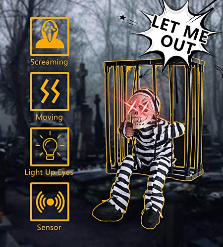 Skeleton Animated Halloween Decorations, Screaming Halloween Decor with Motion Activated & Light Sensor, Spooky Prisoner Cage with Spider Web Haunted House Decorations by CRILEAL, Ghost with Hat