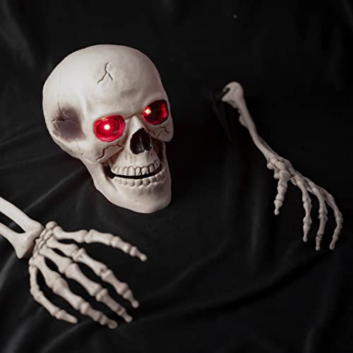 FINGOOO Halloween Skull and Arms Set with Lightning Eyes, Scary Halloween Skeleton Outdoor Decoration Party Décor