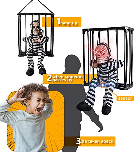 Skeleton Animated Halloween Decorations, Screaming Halloween Decor with Motion Activated & Light Sensor, Spooky Prisoner Cage with Spider Web Haunted House Decorations by CRILEAL, Ghost with Hat