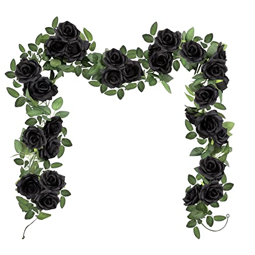 SHACOS 3Pcs (19.6 FT) Artificial Rose Flower Garland Black, Fake Rose Vine Hanging Silk Flowers Garland Decoration Rose Garland Artificial Flowers Garland for Outdoor Indoor Wedding Wall Decoration