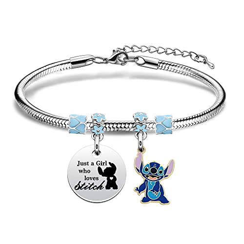 bifriend Funny Bracelet Gift For Girls,Silver Pendant Adjustable Jewellery''Just A Girls Who Loves Stitch''Cartoon Reminder Gift For Daughter Sisters Friends Colleague Birthday Christmas