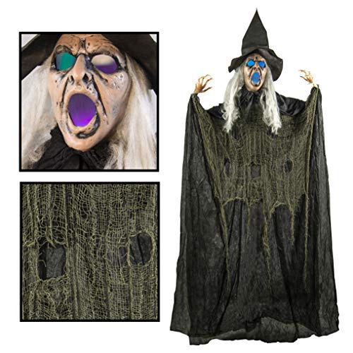 Prextex 1.8m Life Size Hanging Flying Witch - Scary Halloween Decorations Outdoor, Haunted House Witch with Glowing LED Eyes & Mouth - Halloween Witches Outdoor & Indoor Halloween Witch Decor