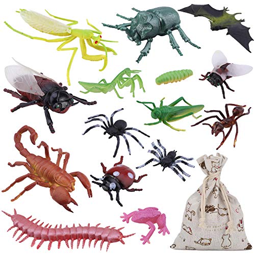 OOTSR 15 Pcs Large Plastic Insect Figures Toys Assorted Insect Bugs Includes Crickets Worms Spider for Children Education,Halloween Toys and Birthday Gifts with Drawstring Burlap Bag