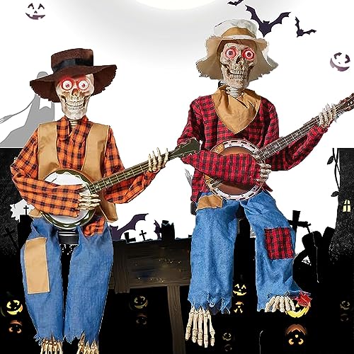 Halloween Luminous Skull Guitar Decoration Halloween Animated Banjo Skeletons Skull Guitar Ornaments Halloween Decoration Props Scary halloween costume for Halloween interior Decoration (A+B)