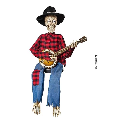 Halloween Luminous Skull Guitar Decoration Halloween Animated Banjo Skeletons Skull Guitar Ornaments Halloween Decoration Props Scary halloween costume for Halloween interior Decoration (A+B)