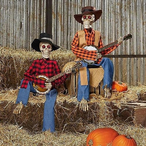 Halloween Luminous Skull Guitar Decoration Halloween Animated Banjo Skeletons Skull Guitar Ornaments Halloween Decoration Props Scary halloween costume for Halloween interior Decoration (A+B)