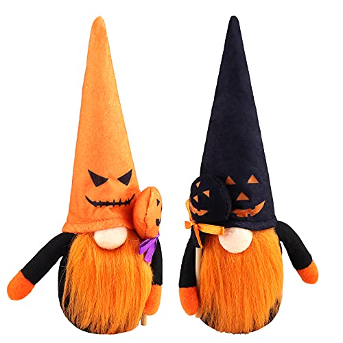 2 Pcs Halloween Gnomes Plush,Handmade Ghost Santa Tomte Table Decor,Faceless Doll Figurine with Pumpkin Witch Hat,Christmas Swedish Elf Ornaments,Home Window Decorations for Holiday Party Gifts