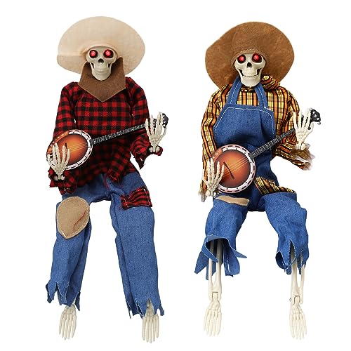 Halloween Luminous Skull Guitar Decoration Halloween Animated Banjo Skeletons Skull Guitar Ornaments Halloween Decoration Props Scary halloween costume for Halloween interior Decoration (A+B)