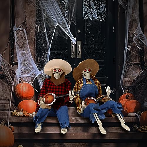 Halloween Luminous Skull Guitar Decoration Halloween Animated Banjo Skeletons Skull Guitar Ornaments Halloween Decoration Props Scary halloween costume for Halloween interior Decoration (A+B)