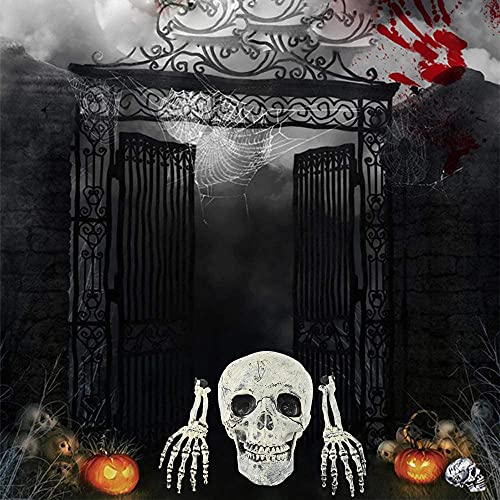 Halloween 3PCS Fake Skeleton Head and Hands Set Plastic Skull Skeleton Realistic Spooky Fake Bones Prop for Halloween Garden Yard Lawn Haunted House Décor