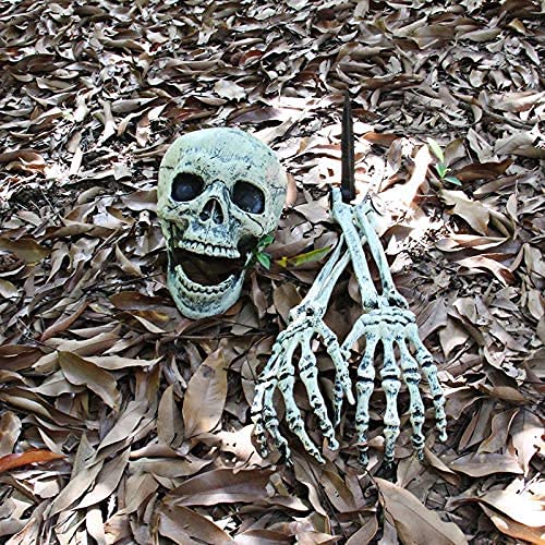 Halloween 3PCS Fake Skeleton Head and Hands Set Plastic Skull Skeleton Realistic Spooky Fake Bones Prop for Halloween Garden Yard Lawn Haunted House Décor