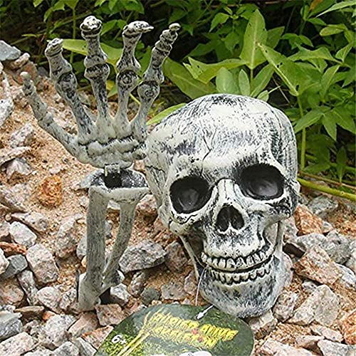 Halloween 3PCS Fake Skeleton Head and Hands Set Plastic Skull Skeleton Realistic Spooky Fake Bones Prop for Halloween Garden Yard Lawn Haunted House Décor