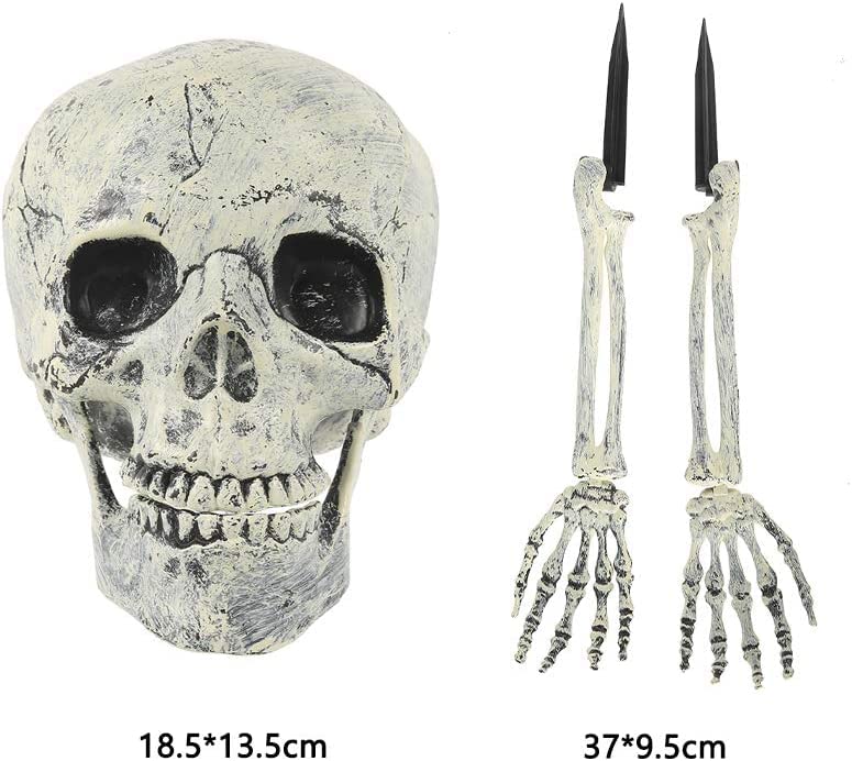 Halloween 3PCS Fake Skeleton Head and Hands Set Plastic Skull Skeleton Realistic Spooky Fake Bones Prop for Halloween Garden Yard Lawn Haunted House Décor
