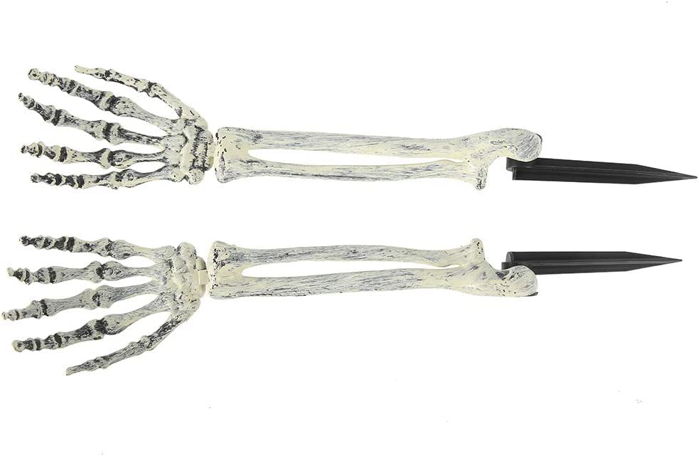 Halloween 3PCS Fake Skeleton Head and Hands Set Plastic Skull Skeleton Realistic Spooky Fake Bones Prop for Halloween Garden Yard Lawn Haunted House Décor